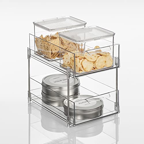 Nate Home by Nate Berkus 2-Tier Sliding Plastic Pull-Out Drawer Organizer, Removable Drawers - Kitchen Cabinet Organizer and Pantry Storage from mDesign, Clear/Polished Stainless Steel