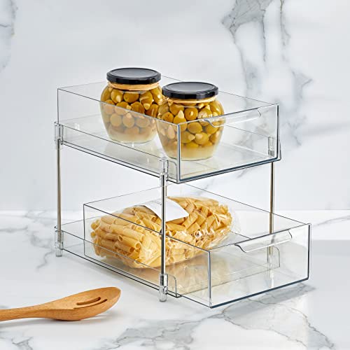 Nate Home by Nate Berkus 2-Tier Sliding Plastic Pull-Out Drawer Organizer, Removable Drawers - Kitchen Cabinet Organizer and Pantry Storage from mDesign, Clear/Polished Stainless Steel