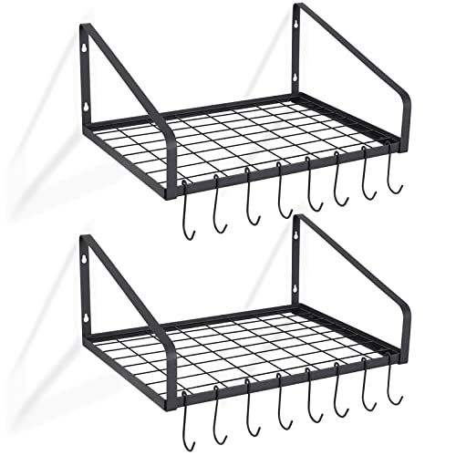 Giikin Hanging Pot Rack Set of 2, Kitchen Wall Mounted Pot and Pan Hanger Rack Organizer, Wall Storage Shelves for Household Utensils and Cookware Holder with 16 S Hooks(Black)