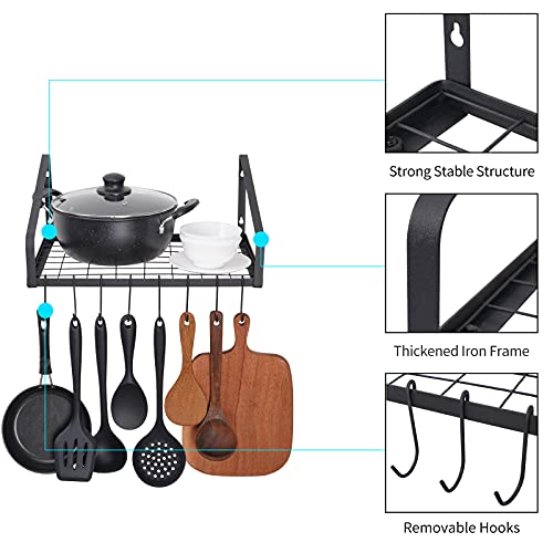 Giikin Hanging Pot Rack Set of 2, Kitchen Wall Mounted Pot and Pan Hanger Rack Organizer, Wall Storage Shelves for Household Utensils and Cookware Holder with 16 S Hooks(Black)