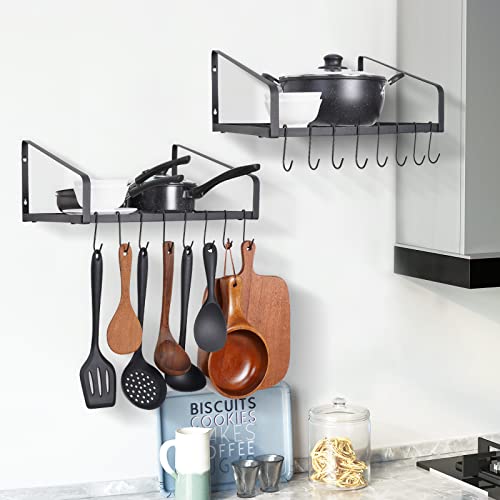 Giikin Hanging Pot Rack Set of 2, Kitchen Wall Mounted Pot and Pan Hanger Rack Organizer, Wall Storage Shelves for Household Utensils and Cookware Holder with 16 S Hooks(Black)