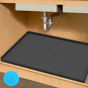 Mats Under Sink Kitchen Cabinet Mat, 34" x 22" flexible waterproof Silicone Cabinet Protector & Drip Tray Liner Unique Drain Hole Design. Hold up to 3.3 Gallons of Liquid(Black)