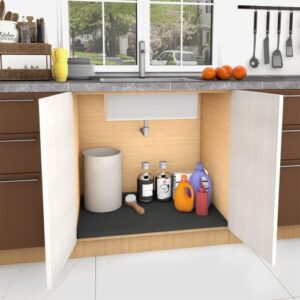 Mats Under Sink Kitchen Cabinet Mat, 34" x 22" flexible waterproof Silicone Cabinet Protector & Drip Tray Liner Unique Drain Hole Design. Hold up to 3.3 Gallons of Liquid(Black)