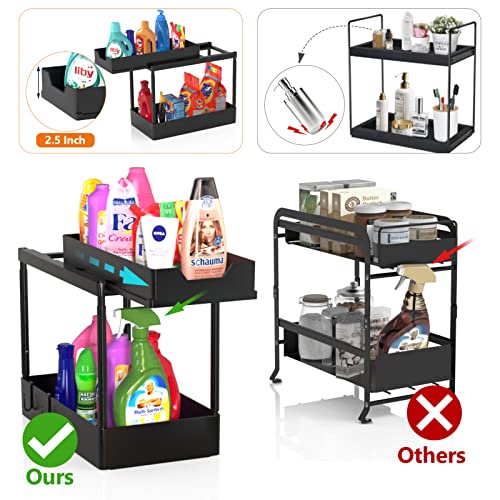 2 Pack Under Sink Organizers and Storage - 2 Tier Large Capacity Bathroom Organizer Under Sink with 4 Hooks,Upgrade Multipurpose Top Sliding Basket Cabinet Organizer for Kitchen Bathroom, Black