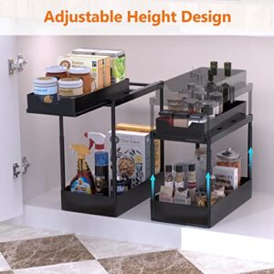 2 Pack Under Sink Organizers and Storage - 2 Tier Large Capacity Bathroom Organizer Under Sink with 4 Hooks,Upgrade Multipurpose Top Sliding Basket Cabinet Organizer for Kitchen Bathroom, Black