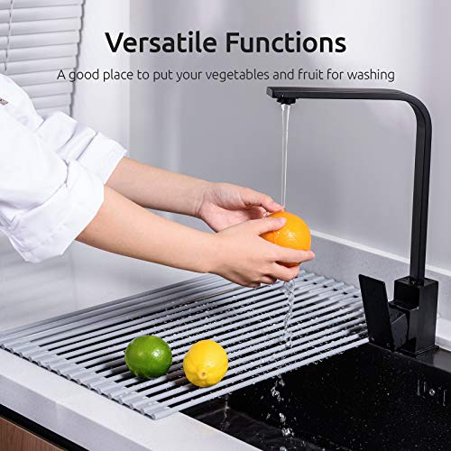 U-Taste Roll Up Dish Drying Rack 20.5 by 13 Inches, Over The Sink Foldable Multipurpose Silicone Dish Drainer Warm Gray, Large