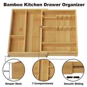 ULG Expandable Bamboo Kitchen Drawer Organizer, Adjustable Cutlery Tray Silverware Organizer with Removable Drawer Dividers, Drawer Dividers Organizer for Silverware, Kitchen Utensils, Office Storage