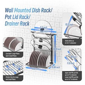 KOSTBAR Hanging Pot Rack, Wall Mounted Pan Rack, Cookware Organizer with 10 Hooks, Small Kitchen Storage Shelf for Utensils. Dish Rack With Lid Holder, Modular Design Shelves