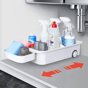 under sink caddy organizer with pull out fridge storage bins basket for kitchen bathroom and cabinet (8″ wide, white)