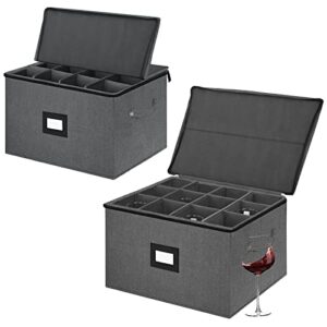 wine glass storage box with divider – china storage containers hard shell stemware storage bins with lids holds 12 wine glass or crystal glassware case, stackable with label window (dark grey)