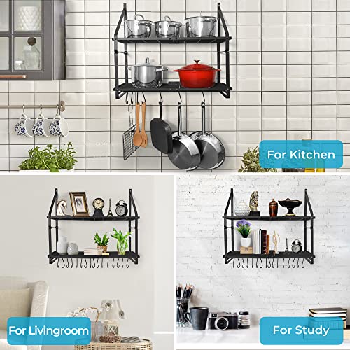 JS HANGER Pot Rack Wall Mounted, 2 Tier Pot and Pan Hanging Rack Organizer Wall Shelves with 16 Hooks for Kitchen Cookware Utensils Organization Black