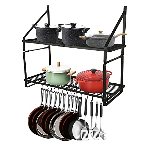 JS HANGER Pot Rack Wall Mounted, 2 Tier Pot and Pan Hanging Rack Organizer Wall Shelves with 16 Hooks for Kitchen Cookware Utensils Organization Black