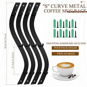 4 Pack Coffee Mug Wall Rack Mounted with 12 Hooks S Curve Metal Coffee Cup Rack Wall Hanging Holder for Coffee Bar Kitchen Coffee Corner Station Decor Display