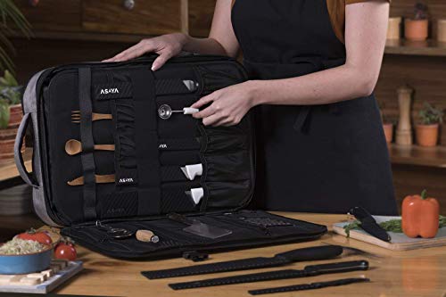 Asaya Chef Knife Backpack with 20 Pocket Knife Roll Bag - Over 30 Pockets for Knives and Kitchen Utensils - Stain Resistant Waxed Nylon - Padded for Extra Protection - Knives Not Included (Grey)