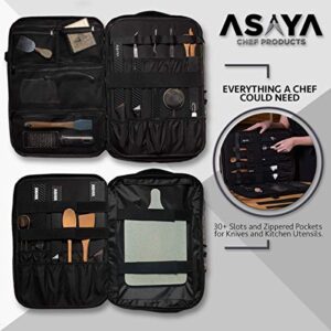 Asaya Chef Knife Backpack with 20 Pocket Knife Roll Bag - Over 30 Pockets for Knives and Kitchen Utensils - Stain Resistant Waxed Nylon - Padded for Extra Protection - Knives Not Included (Grey)