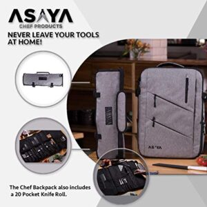 Asaya Chef Knife Backpack with 20 Pocket Knife Roll Bag - Over 30 Pockets for Knives and Kitchen Utensils - Stain Resistant Waxed Nylon - Padded for Extra Protection - Knives Not Included (Grey)