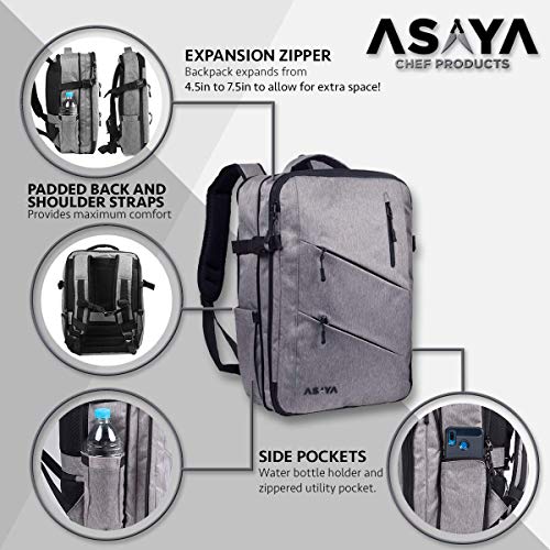 Asaya Chef Knife Backpack with 20 Pocket Knife Roll Bag - Over 30 Pockets for Knives and Kitchen Utensils - Stain Resistant Waxed Nylon - Padded for Extra Protection - Knives Not Included (Grey)