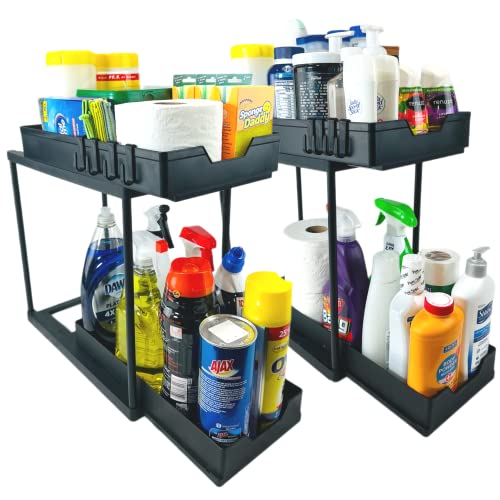 Under Sink Organizer and Storage (Top & Bottom Slide) | Bottom Fits Tall Items |2 Pack Kitchen Bathroom Sink Organizer Basket Storage with Dual Sliding Drawers - For Larger Sinks, Black