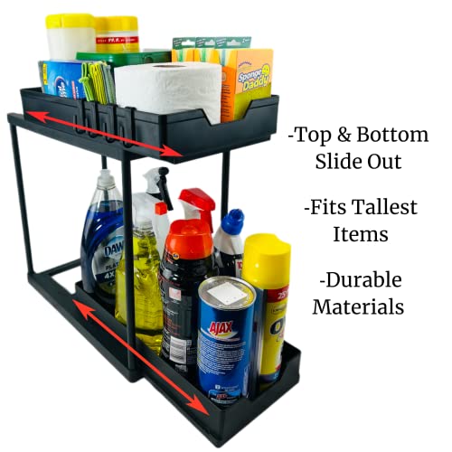 Under Sink Organizer and Storage (Top & Bottom Slide) | Bottom Fits Tall Items |2 Pack Kitchen Bathroom Sink Organizer Basket Storage with Dual Sliding Drawers - For Larger Sinks, Black