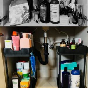 Under Sink Organizer and Storage (Top & Bottom Slide) | Bottom Fits Tall Items |2 Pack Kitchen Bathroom Sink Organizer Basket Storage with Dual Sliding Drawers - For Larger Sinks, Black