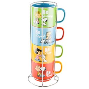 peanuts gentle reminders 15oz stackable mugs w/ metal rack, stoneware, 4-pack, assorted colors