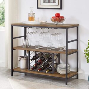 foluban wine rack table with glass holder and wine storage, industrial rustic wood and metal bar buffet cabinet, oak