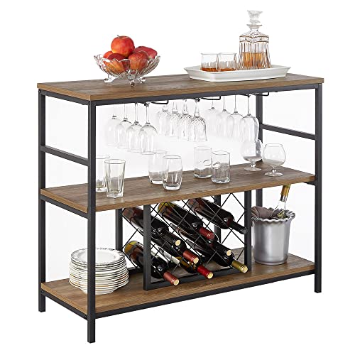 FOLUBAN Wine Rack Table with Glass Holder and Wine Storage, Industrial Rustic Wood and Metal Bar Buffet Cabinet, Oak