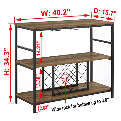 FOLUBAN Wine Rack Table with Glass Holder and Wine Storage, Industrial Rustic Wood and Metal Bar Buffet Cabinet, Oak