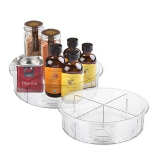 topzea 2 pack divided lazy susan turntable, 12 inch divided spinning storage container kitchen organizer for cabinets, pantry, countertops, fridge, bathroom, 4 compartments, clear