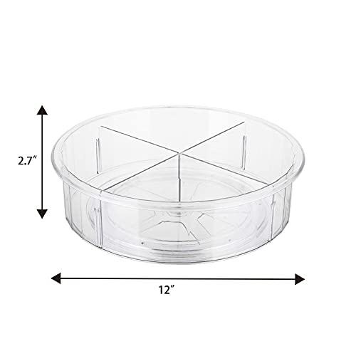 TOPZEA 2 Pack Divided Lazy Susan Turntable, 12 Inch Divided Spinning Storage Container Kitchen Organizer for Cabinets, Pantry, Countertops, Fridge, Bathroom, 4 Compartments, Clear