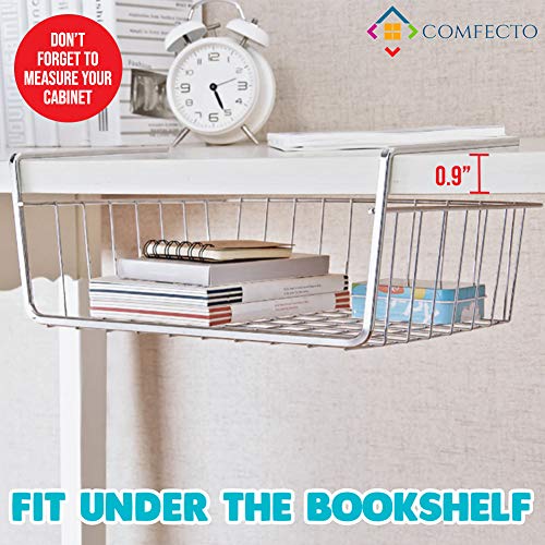 2 Pack Under Shelf Basket, Metal Wire Undershelf Storage Baskets for Cabinet Thickness Max 1.2 inch, Space Saving Hanging Organization for Cupboard Kitchen Counter Pantry Bookshelf, Chrome