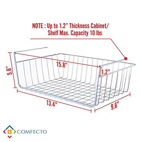 2 Pack Under Shelf Basket, Metal Wire Undershelf Storage Baskets for Cabinet Thickness Max 1.2 inch, Space Saving Hanging Organization for Cupboard Kitchen Counter Pantry Bookshelf, Chrome