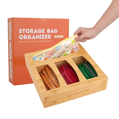 LINNY&SUN Ziplock Bag Storage Organizer for Kitchen Drawer,Bamboo Drawer Organizer for Gallon, Quart, Sandwich, Snack, Slider Bags, Compatible with Ziploc, Glad, Hefty（Drawer Organizer ）