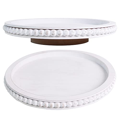 HPC Decor 12 Inch Beaded Lazy Susan- Wooden Lazy Susan Organizer- Farmhouse Table Decor- Round Lazy Susan for Table Cabinet- Kitchen Turntable 360 Degrees Rotating Table Decor Spinning Tray (White)