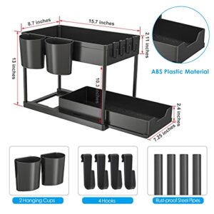 YaCaTaM Under Sink Organizers and Storage, Bathroom Organizers and Storage Under Sink with Sliding Drawer, Under Cabinet Organizers with Hooks and Hanging Cups for Bathroom, Kitchen (1 Pack - Black)