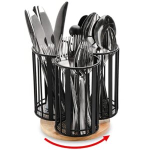 peohud rotating kitchen utensil holder, silverware flatware organizer with wood base, countertop utensil caddy for spoons, knives and forks, 3-section