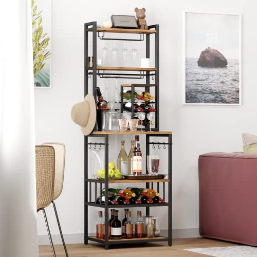 Amosic Wine Baker Rack, Industrial Wine Bar Cabinet, 6-Tier Wine Storage Display Shelves, Floor Liquor Wine Cabinet Storage with Rustic Wood Countertop Wine Rack 6 Bottles, for Bar (Rustic Brown)