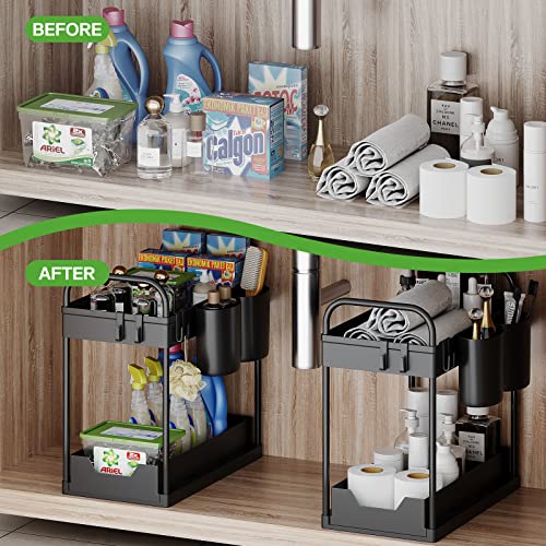 2 Pack Under Sink Organizers and Storage, Cabinet Organizer with Sliding Drawers, Bathroom Organizer, Multi-purpose Under Kitchen Sink Storage Shelf with Handles, 4 Cups and 8 Hooks, (Black)