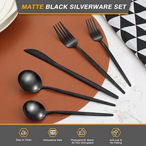 Oliviola 20 Pieces Silverware Set，Matte Black Stainless Steel Flatware Cutlery Set Service for 4, Stain Finish Kitchen Utensil Set，Include Dinner Knives Forks and Spoons Silverware, Dishwasher Safe