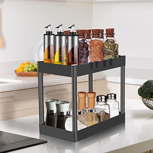 Under Sink Organizer Kitchen Bathroom Storage Cabinet 2 tier Counter Organization Shelf Storage Rack with Basket and Hooks Black