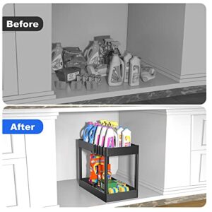 Under Sink Organizer Kitchen Bathroom Storage Cabinet 2 tier Counter Organization Shelf Storage Rack with Basket and Hooks Black