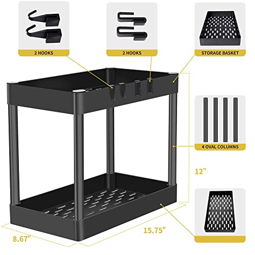 Under Sink Organizer Kitchen Bathroom Storage Cabinet 2 tier Counter Organization Shelf Storage Rack with Basket and Hooks Black