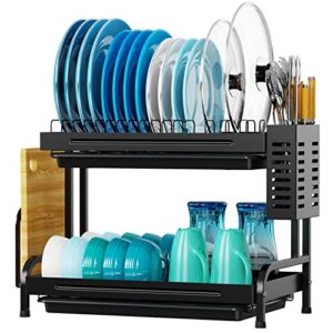 gslife dish drying rack, metal 2 tier dish rack rust-resistant dish drainer with utensil holder, cutting board holder set for kitchen counter, black