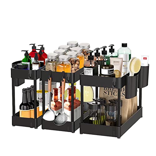 Under Sink Organizer and Storage, 3 Pack 2 Tier Cabinet Basket Shelf Organizer Drawer, Multi-Purpose Under Kitchen Bathroom Organization Storage Rack with Hooks, Hanging Cup, Dividers, Black