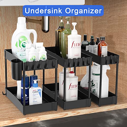 Under Sink Organizer and Storage, 3 Pack 2 Tier Cabinet Basket Shelf Organizer Drawer, Multi-Purpose Under Kitchen Bathroom Organization Storage Rack with Hooks, Hanging Cup, Dividers, Black