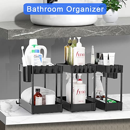 Under Sink Organizer and Storage, 3 Pack 2 Tier Cabinet Basket Shelf Organizer Drawer, Multi-Purpose Under Kitchen Bathroom Organization Storage Rack with Hooks, Hanging Cup, Dividers, Black