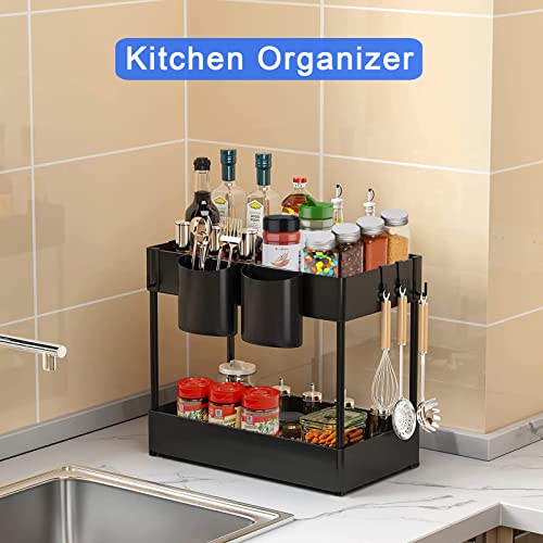 Under Sink Organizer and Storage, 3 Pack 2 Tier Cabinet Basket Shelf Organizer Drawer, Multi-Purpose Under Kitchen Bathroom Organization Storage Rack with Hooks, Hanging Cup, Dividers, Black