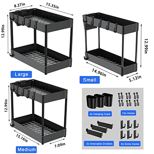 Under Sink Organizer and Storage, 3 Pack 2 Tier Cabinet Basket Shelf Organizer Drawer, Multi-Purpose Under Kitchen Bathroom Organization Storage Rack with Hooks, Hanging Cup, Dividers, Black