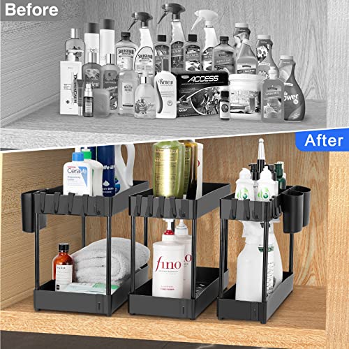 Under Sink Organizer and Storage, 3 Pack 2 Tier Cabinet Basket Shelf Organizer Drawer, Multi-Purpose Under Kitchen Bathroom Organization Storage Rack with Hooks, Hanging Cup, Dividers, Black