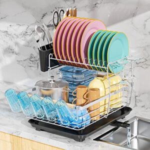 G-TING Dish Drying Rack, 2 Tier Detachable Dish Rack and Drainboard Set, Rust-Proof Drying Rack for Kitchen Counter, Large Capacity Dish Drainer with Utensils Holder and Cup Rack, Grey